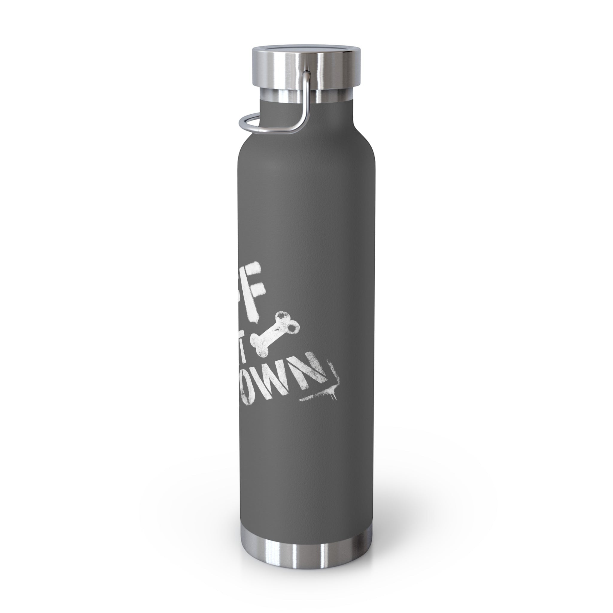 Ruff Part of Town 22oz insulated water bottle in dark grey with white stencil graphics and a silver lid with a carry loop.