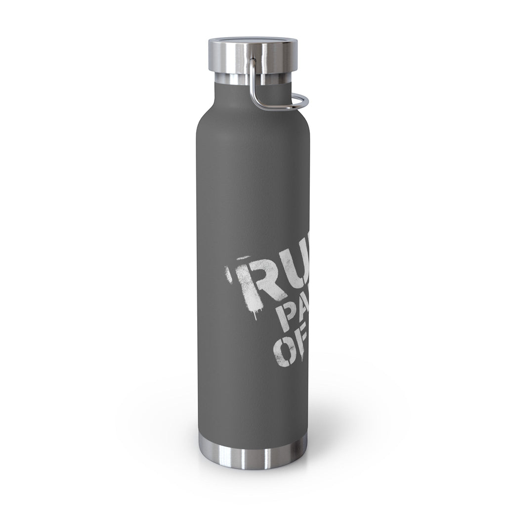 Ruff Part of Town 22oz dark grey insulated stainless steel water bottle with white stencil graphics and silver lid.