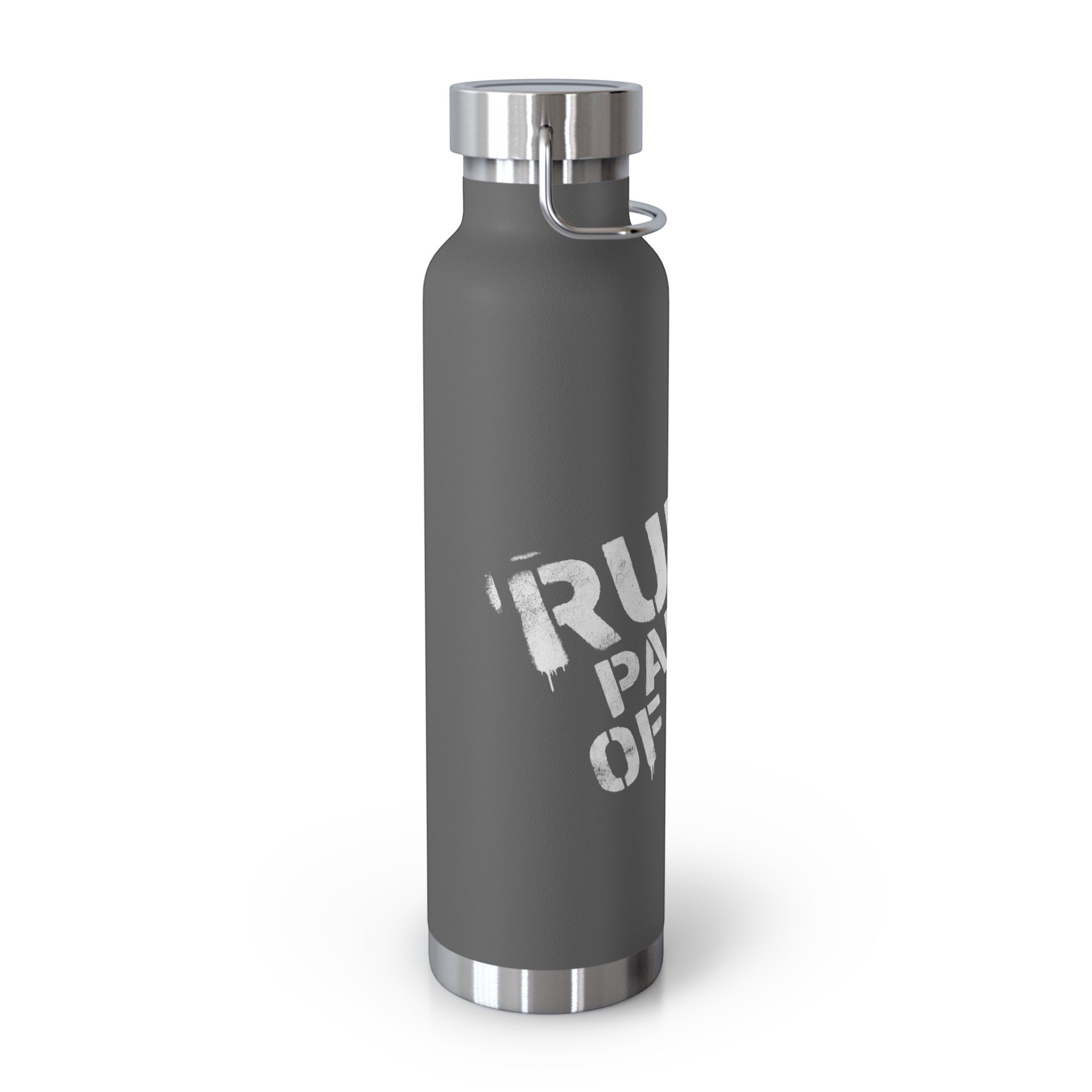 Ruff Part of Town 22oz dark grey insulated stainless steel water bottle with white stencil graphics and silver lid.