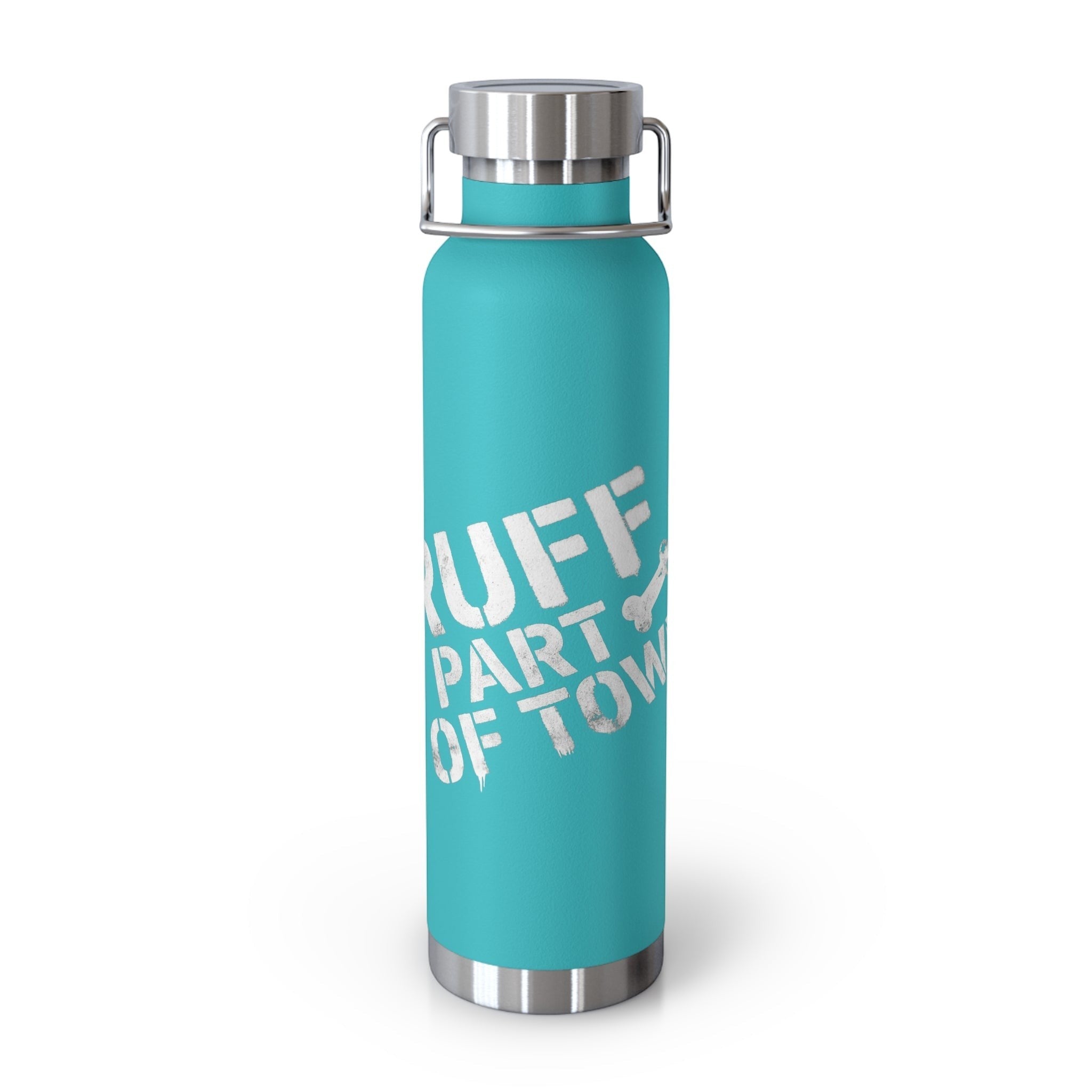 Ruff Part of Town 22oz turquoise insulated stainless steel water bottle with white stencil graphic and silver lid.