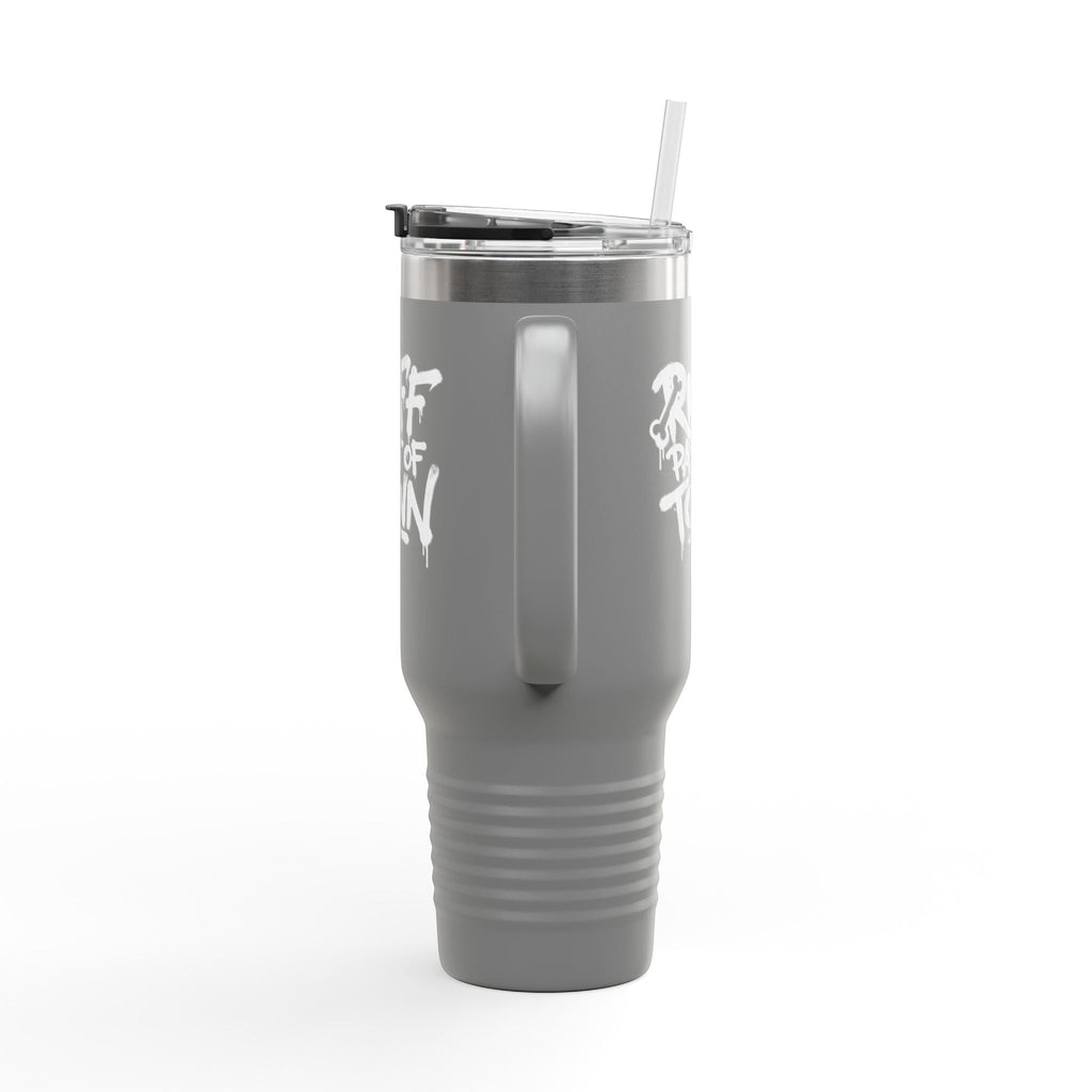 Ruff Part of Town 40oz grey insulated travel mug with white "Ruff Part of Town" graphic and straw.