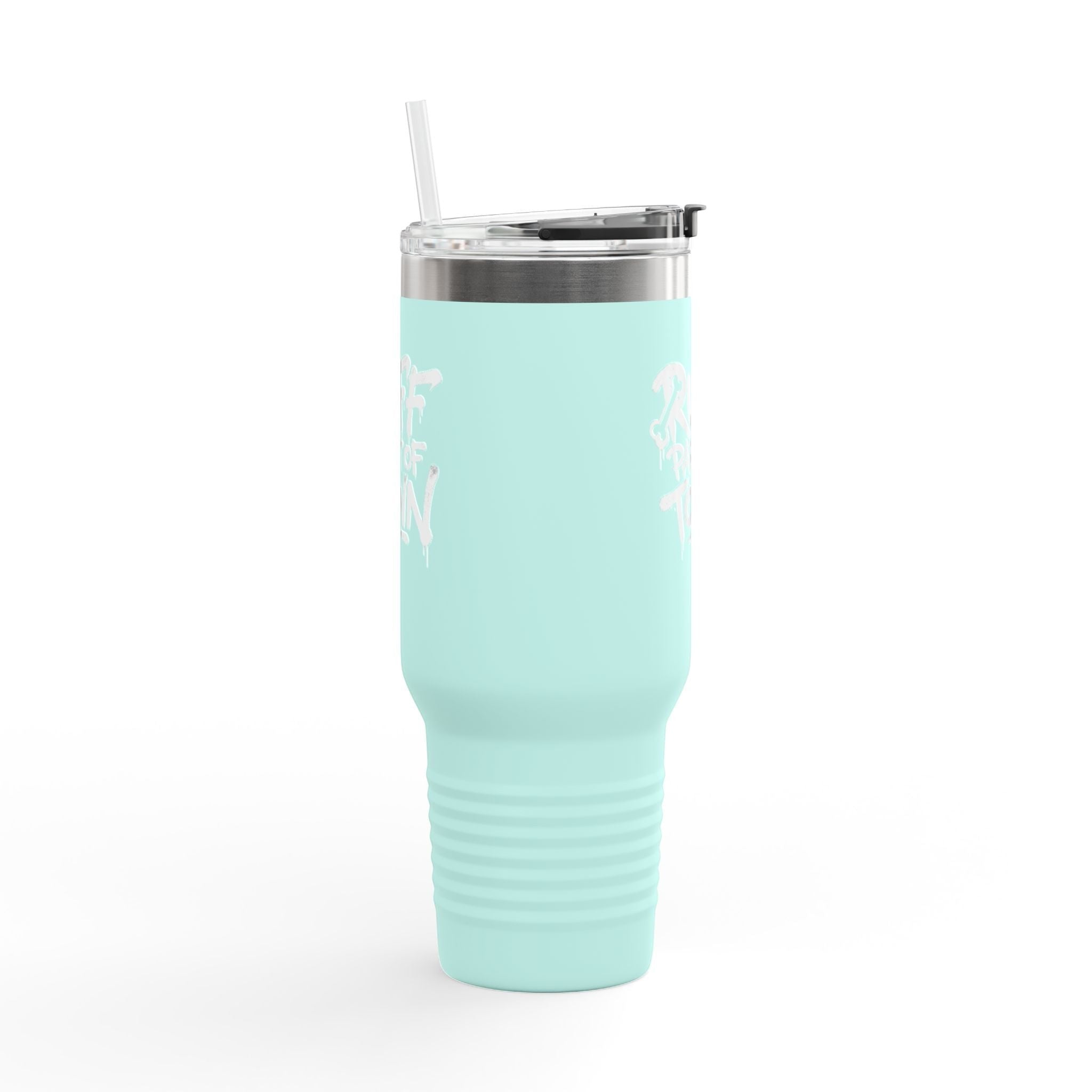 Ruff Part of Town 40oz insulated travel mug in mint green with white dog lover graphic and straw. Stainless steel.