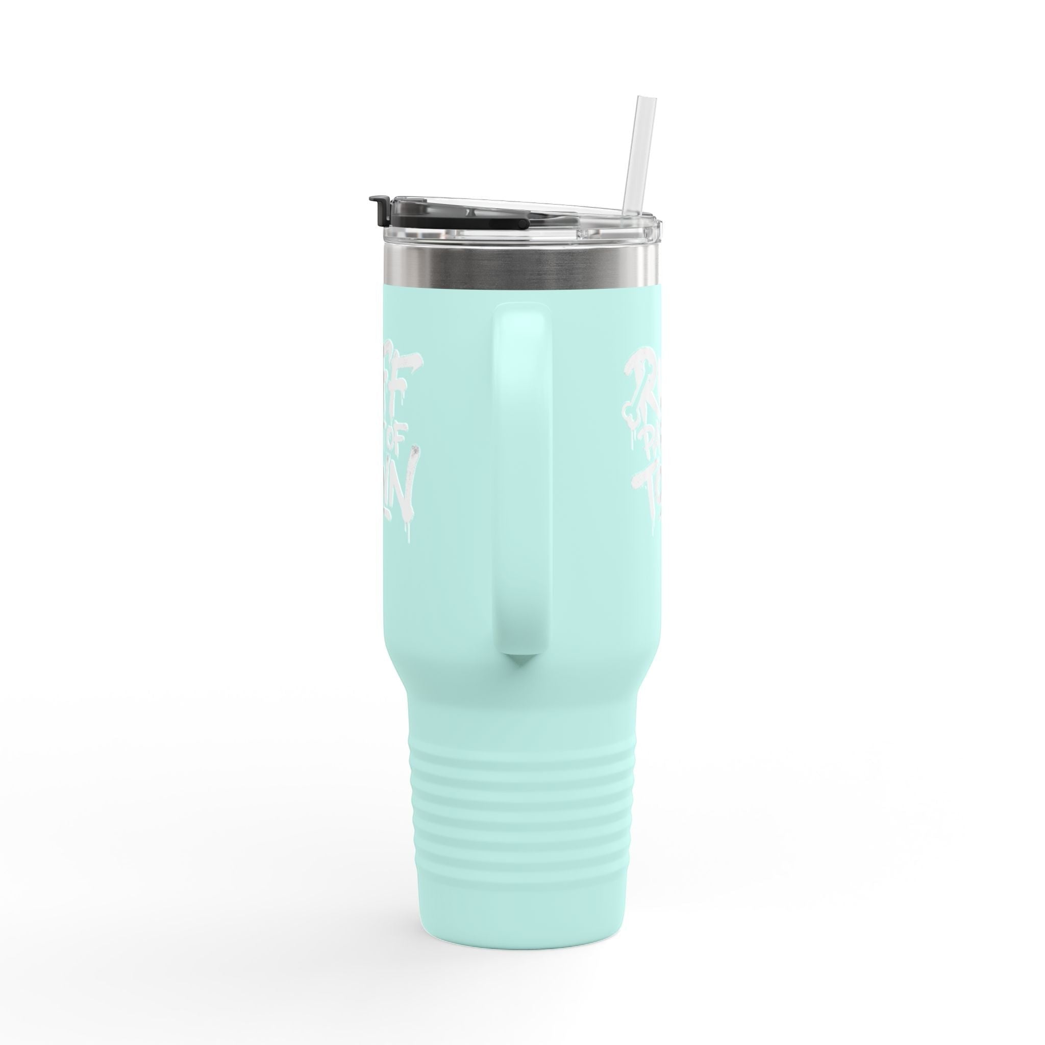 Ruff Part of Town 40oz insulated travel mug in mint green with "Ruff Part of Town" graphic and straw.