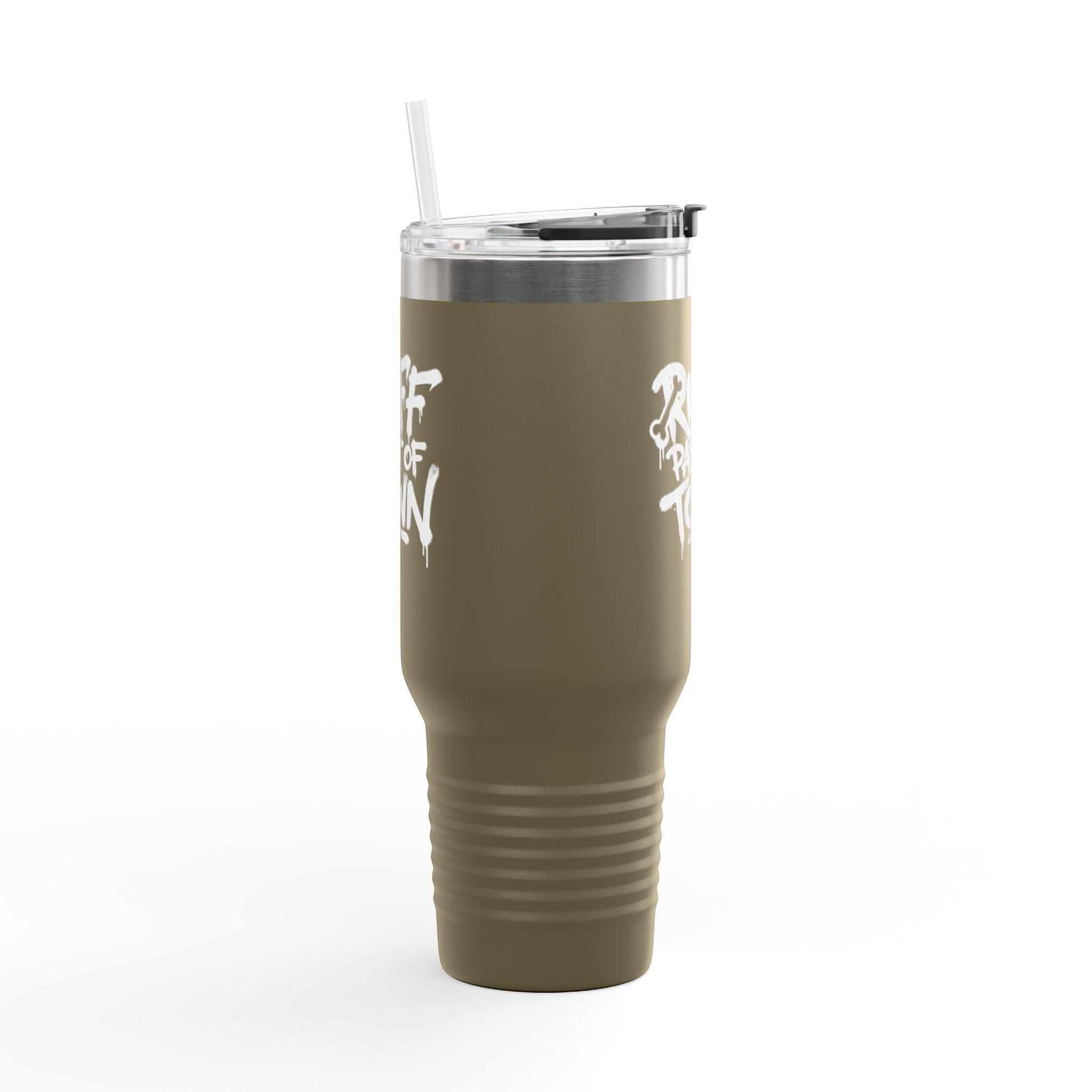 Ruff Part of Town 40oz insulated travel mug in olive green with white "Ruff Part of Town" graphic and straw.