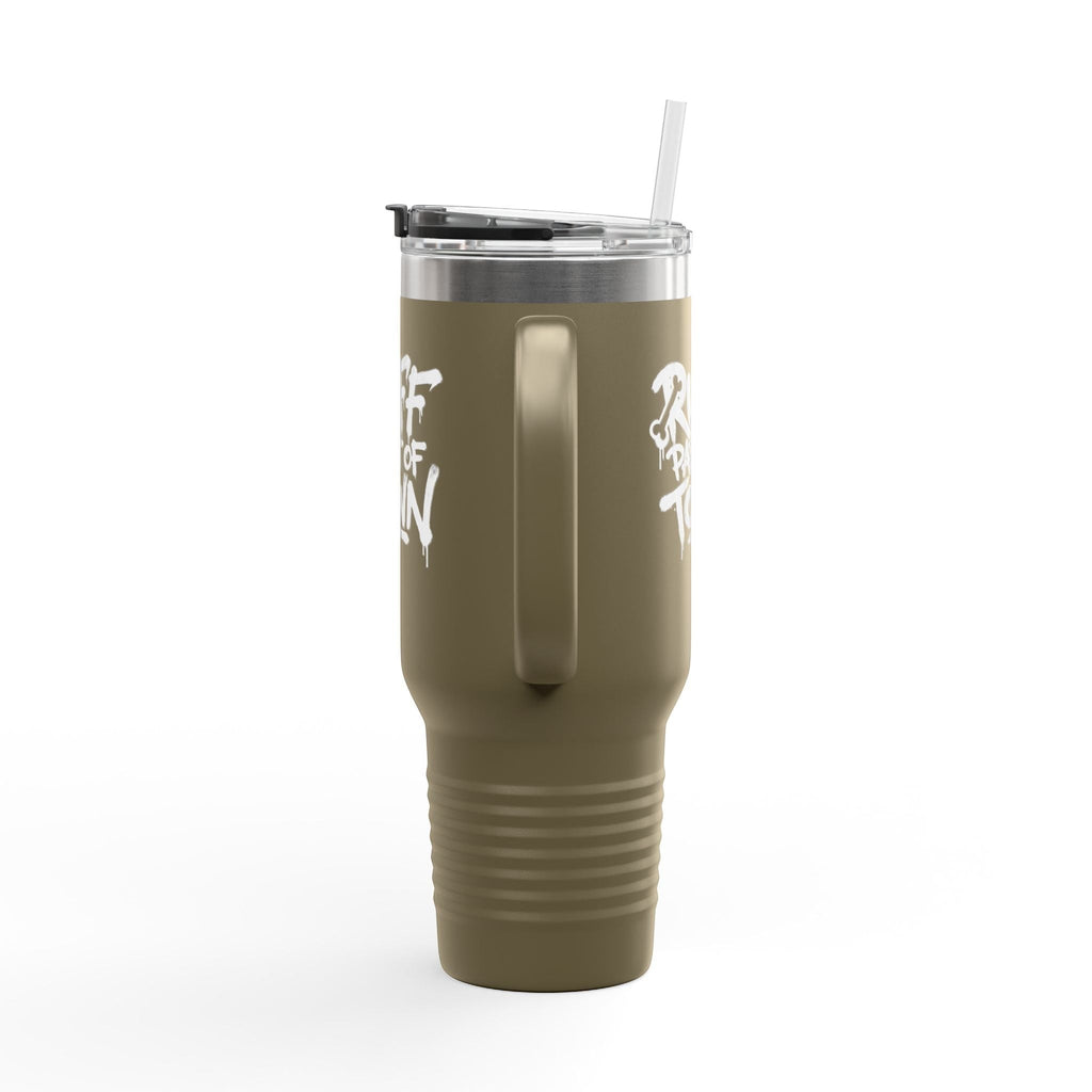 Ruff Part of Town 40oz insulated travel mug in olive green with white "Ruff Part of Town" graphic and straw.