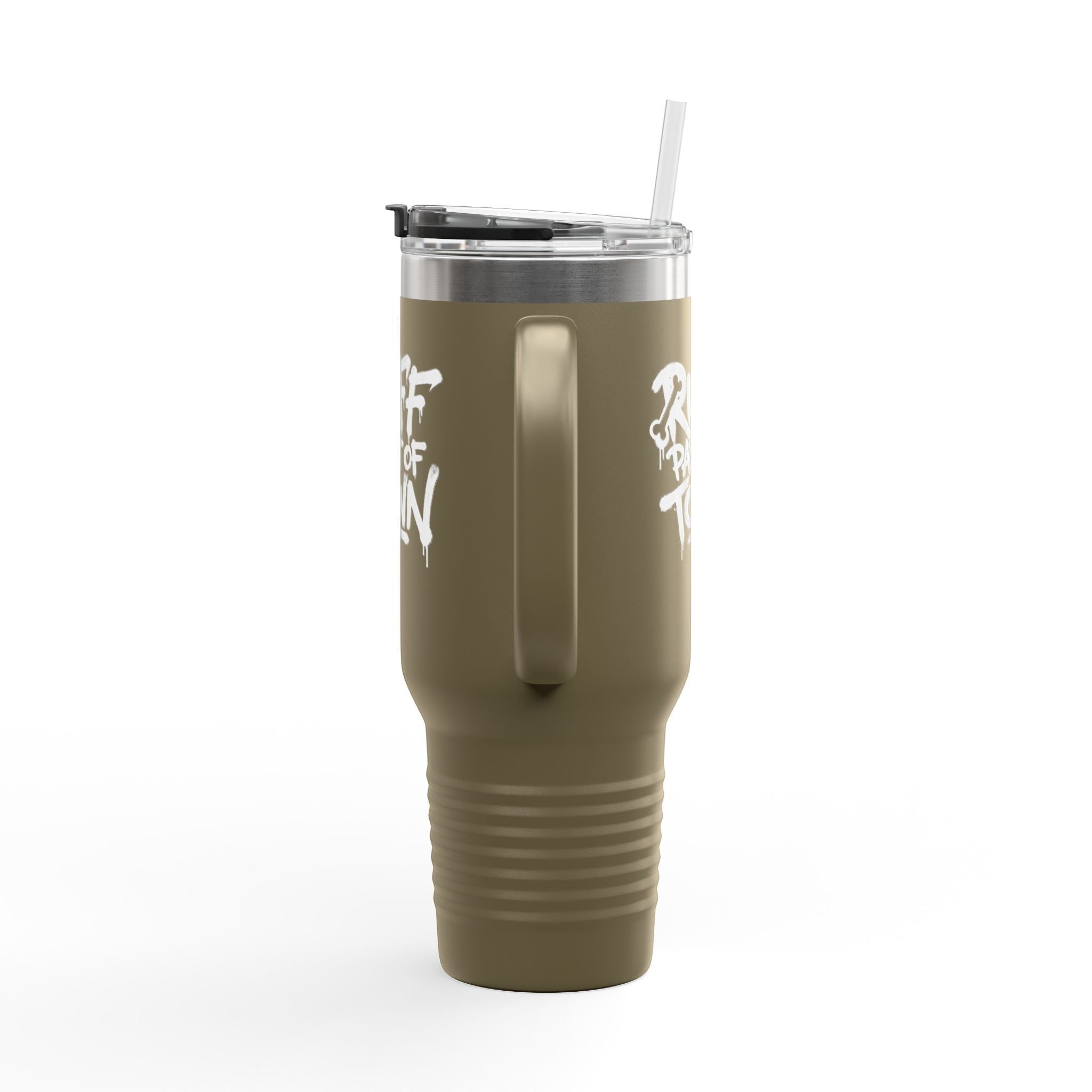 Ruff Part of Town 40oz insulated travel mug in olive green with white "Ruff Part of Town" graphic and straw.