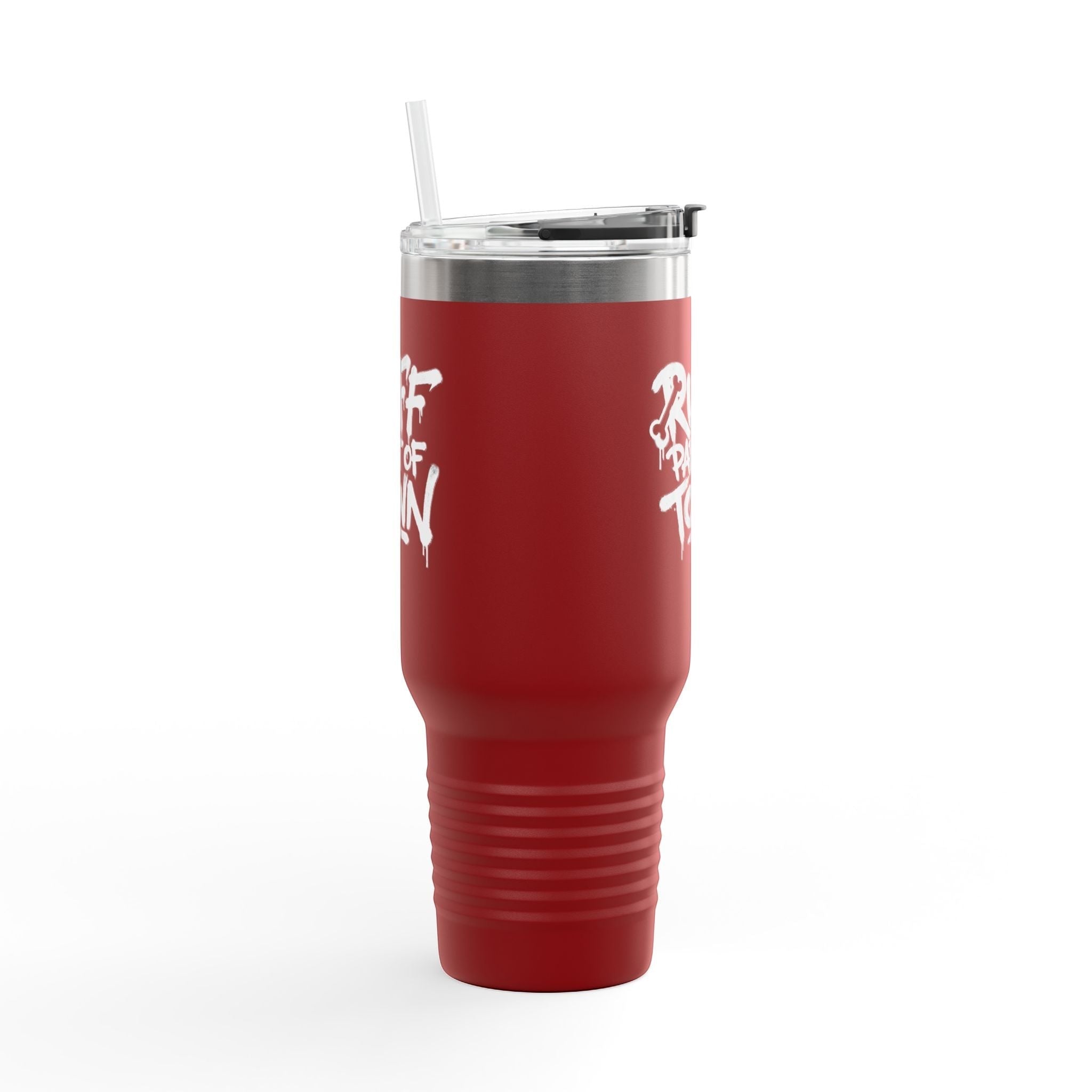 Ruff Part of Town 40oz red insulated travel mug with white "Ruff Part of Town" graphic and straw.