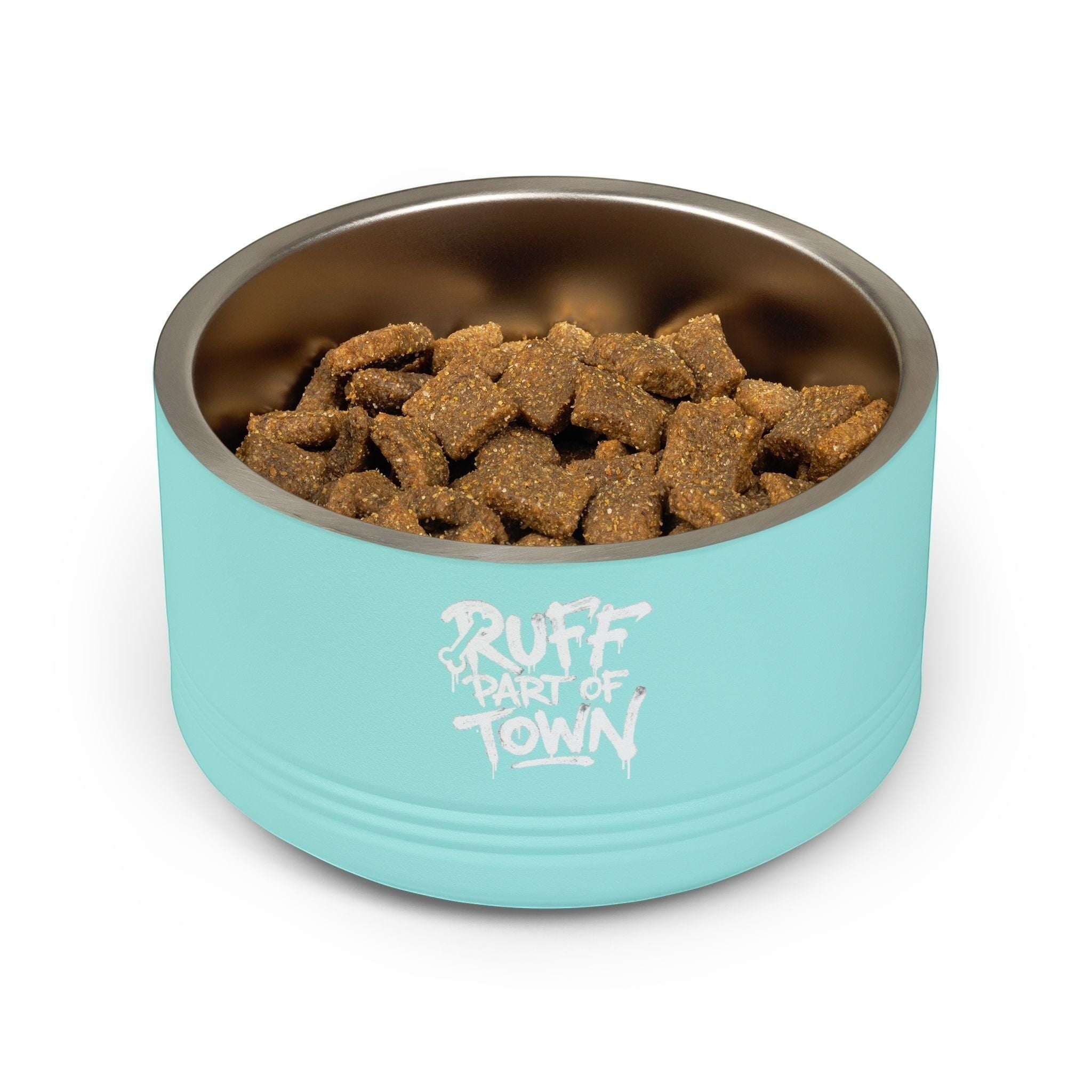Ruff Part of Town 18oz insulated stainless steel pet bowl in aqua blue with graffiti-style logo, filled with dog food.