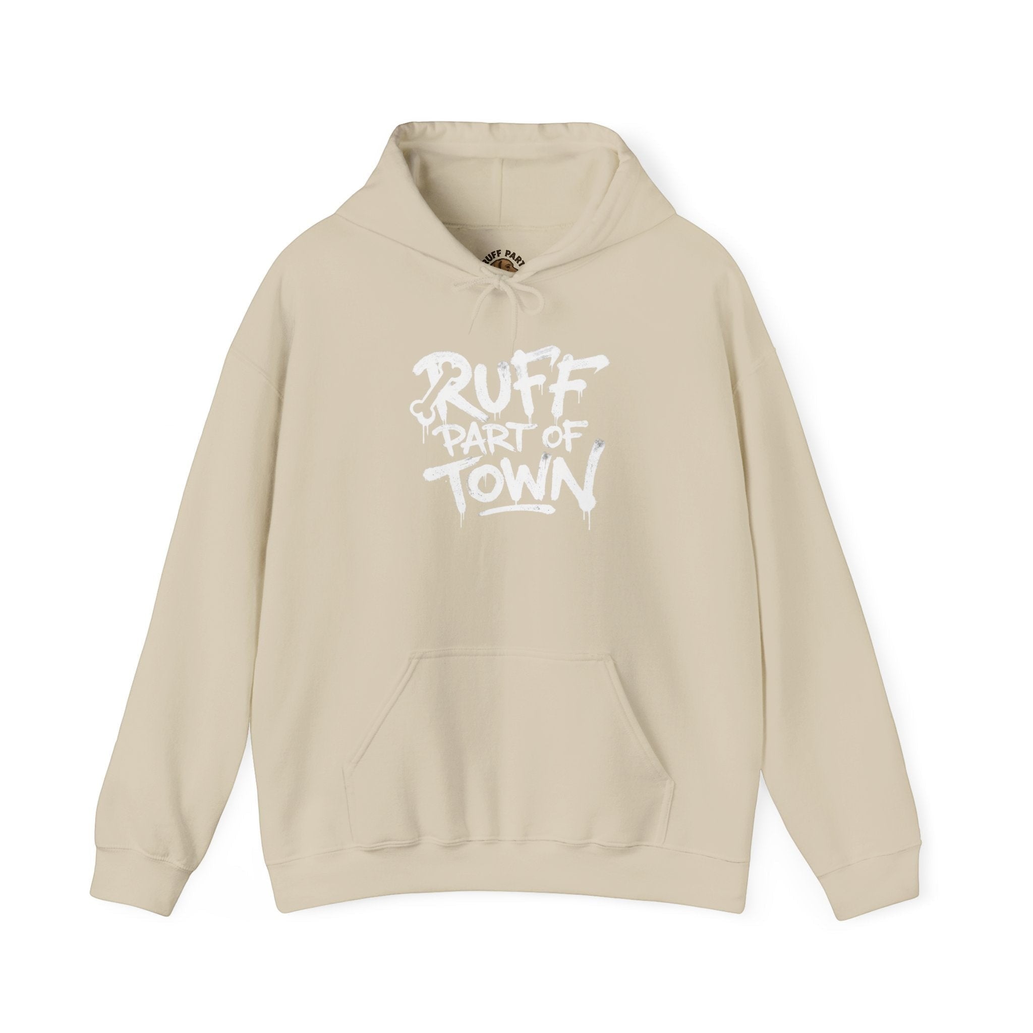 Ruff Part of Town beige 50/50 cotton-poly blend hoodie with white stencil lettering on front. Classic fit with kangaroo pocket.