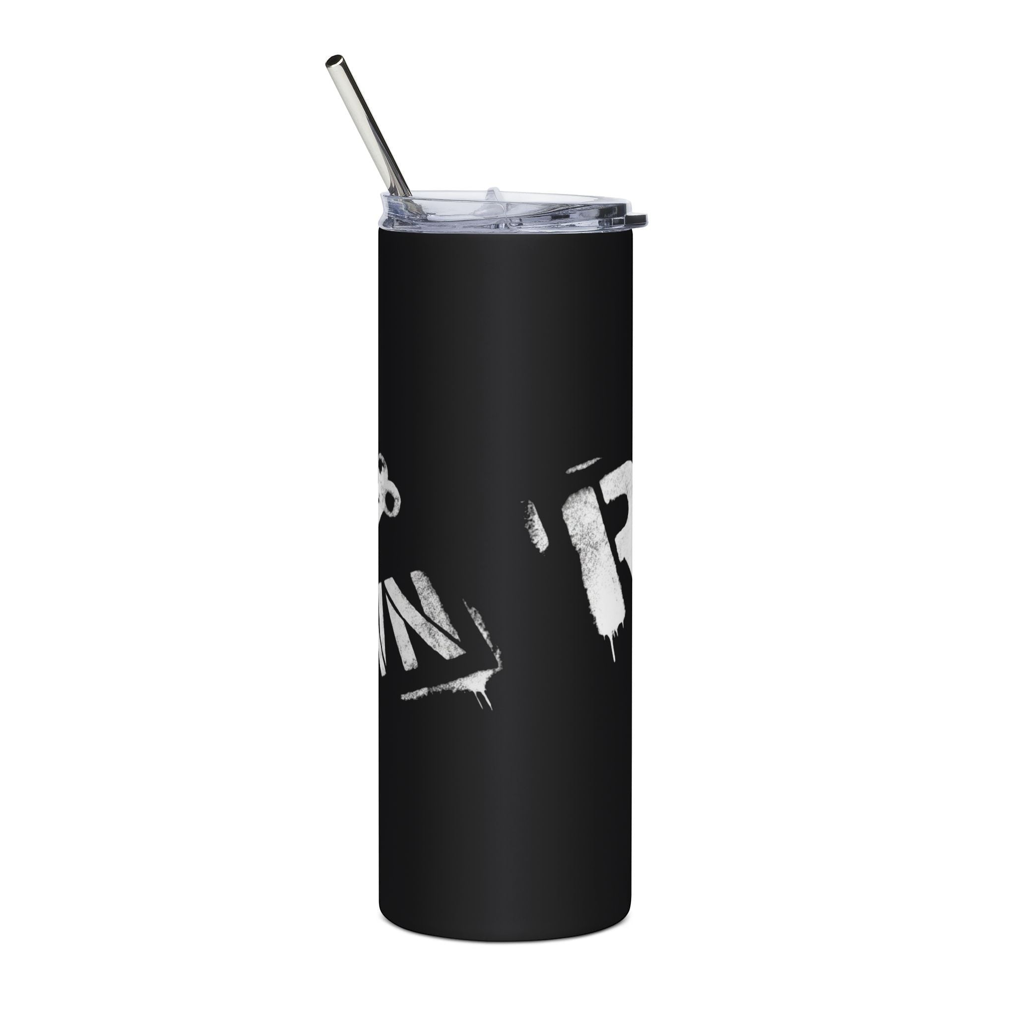 Ruff Part of Town black 20oz stainless steel tumbler with graphic print and reusable straw.