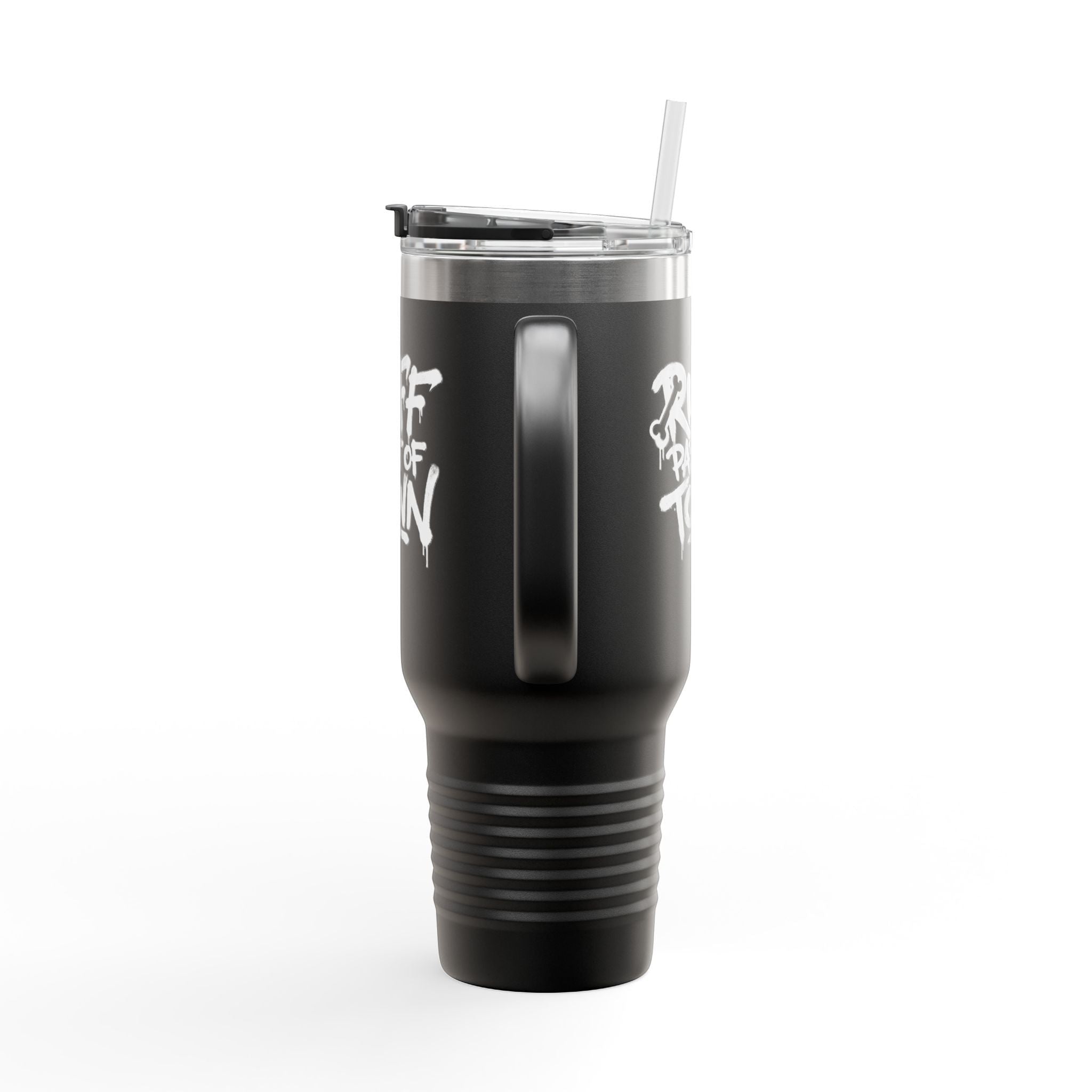 Ruff Part of Town black 40oz insulated travel mug with dog lover artwork and straw.