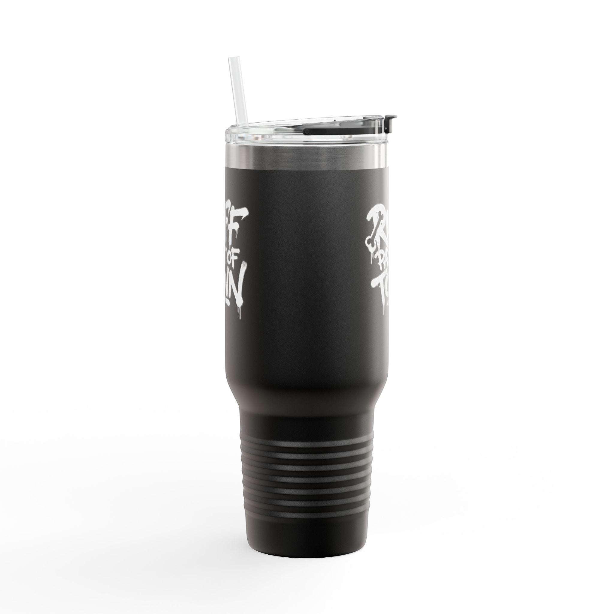 Ruff Part of Town black 40oz insulated stainless steel travel mug with straw and dog lover graphic.