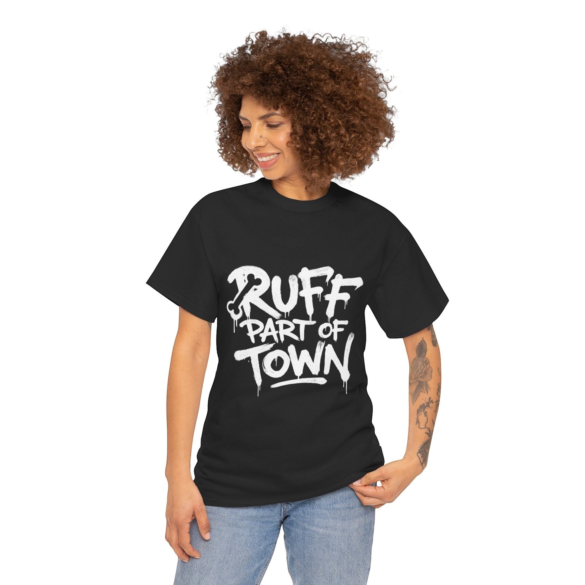 Ruff Part of Town black 100% cotton t-shirt with white graffiti-style print on chest.
