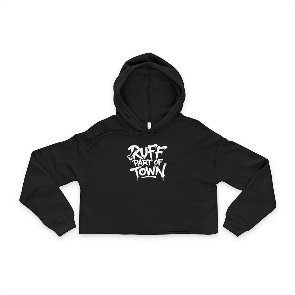 Ruff Part of Town black cropped hoodie with raw hem and white graffiti logo. Made of cotton-poly fleece.