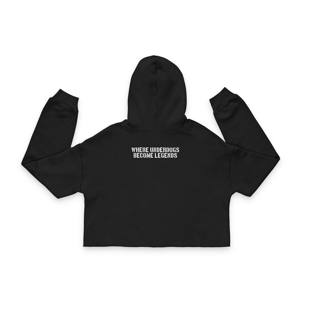 Ruff Part of Town black cropped hoodie with raw hem, dropped shoulders, and white text graphic on back.