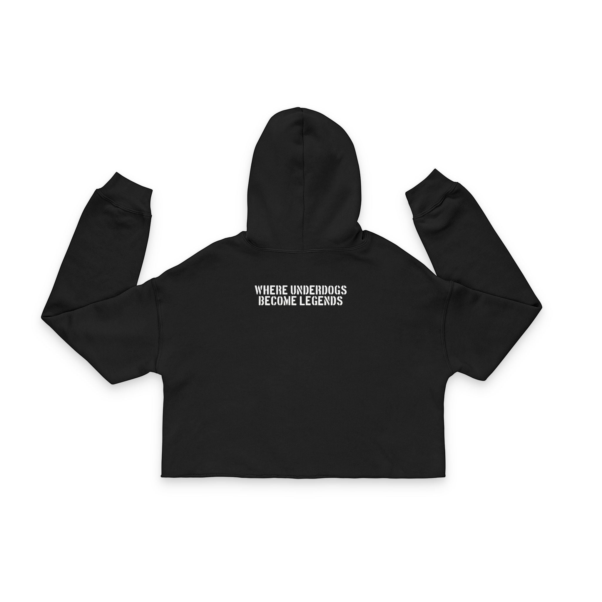 Ruff Part of Town black cropped hoodie with raw hem, dropped shoulders, and white text graphic on back.