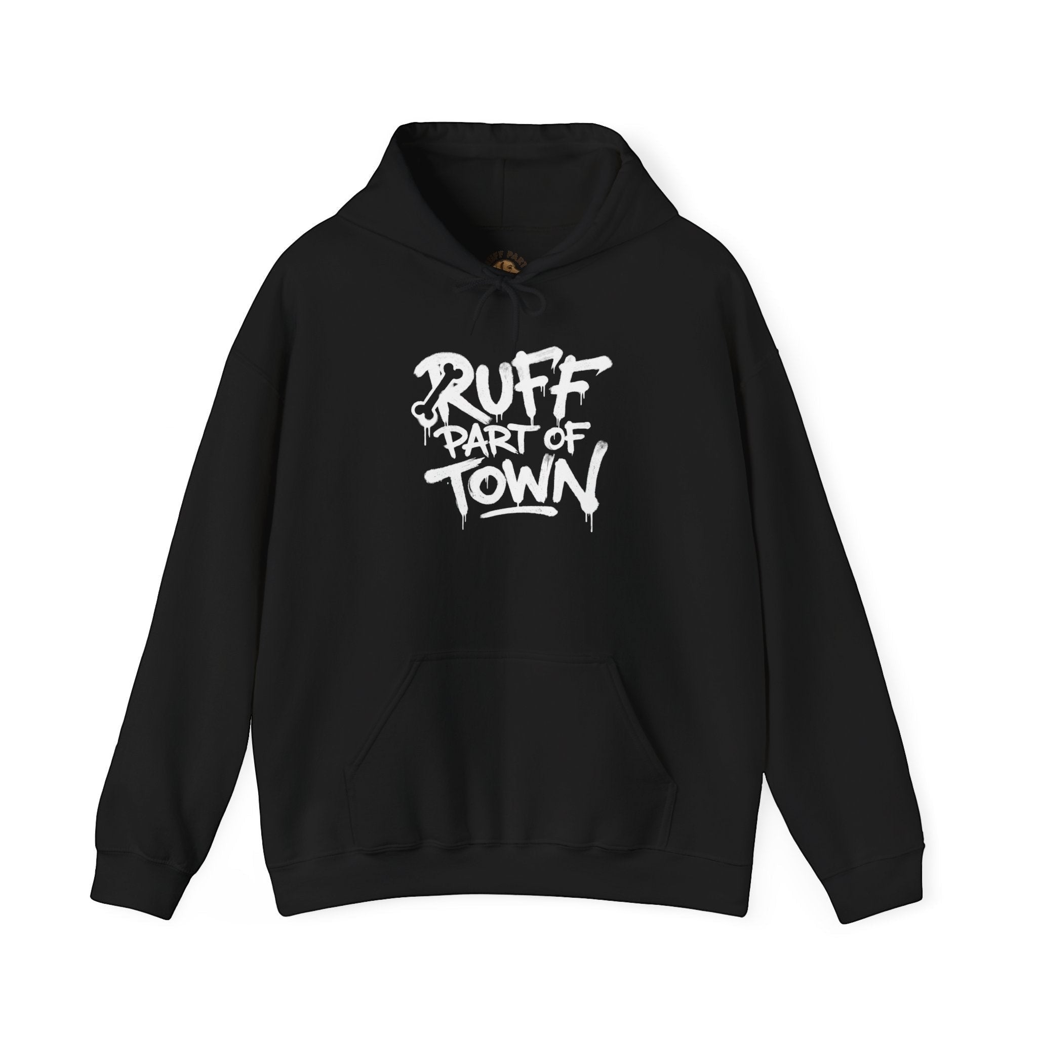 Ruff Part of Town black 50/50 cotton-poly blend hoodie with white stencil lettering on front.
