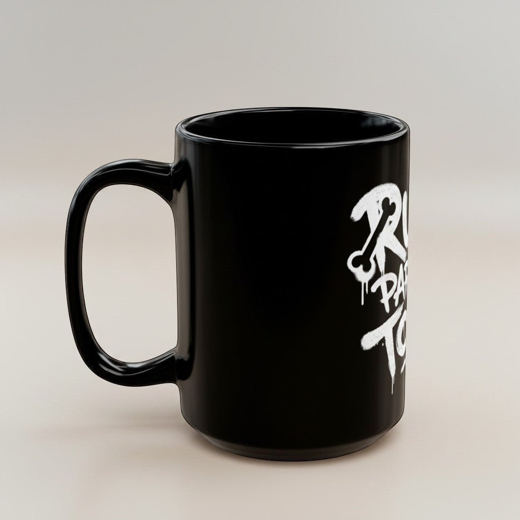 Ruff Part of Town black ceramic mug with white graffiti lettering, 11oz or 15oz, C-handle, microwave and dishwasher safe.