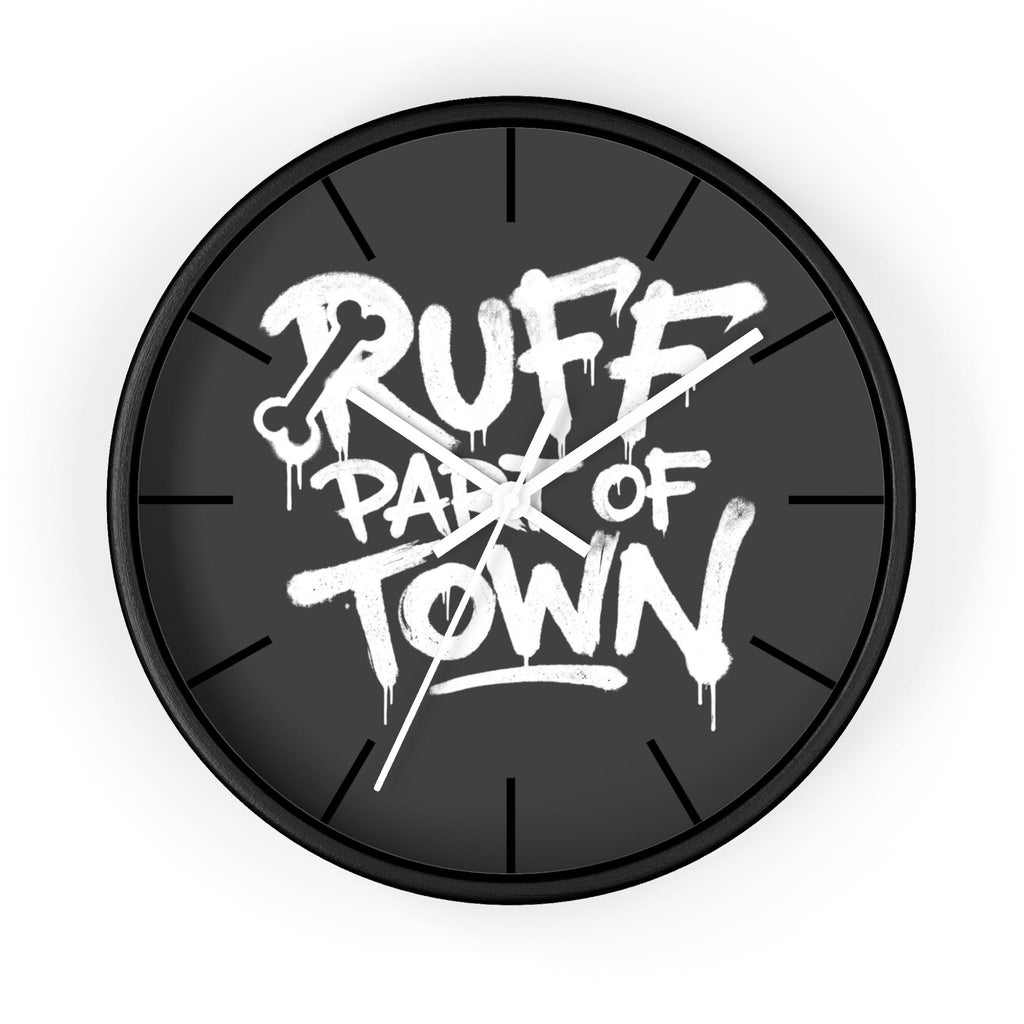 Ruff Part of Town black wooden wall clock with graffiti-style lettering and a bone graphic. Features a plexiglass face and silent mechanism.