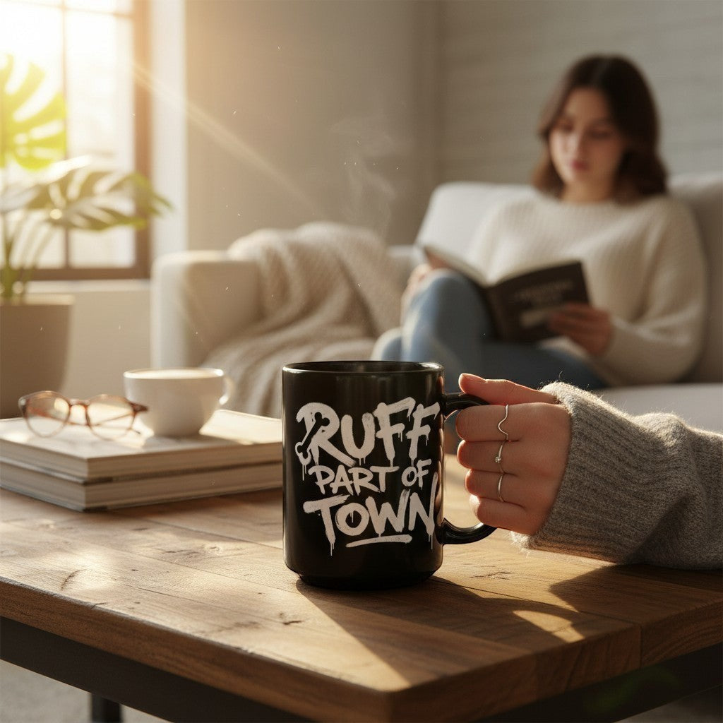 Ruff Part of Town black ceramic mug with white graffiti text, held by a person reading on a couch.