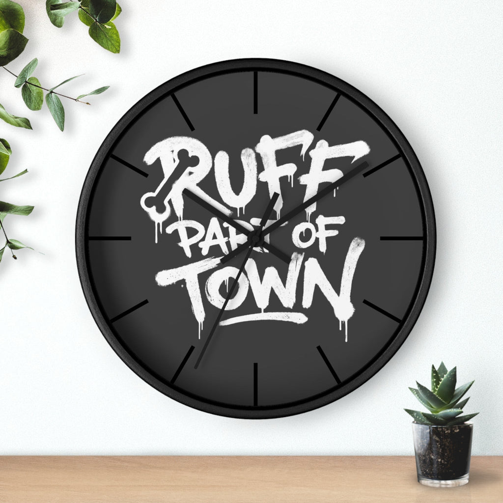 Ruff Part of Town black wooden wall clock with graffiti-style lettering and plexiglass face.