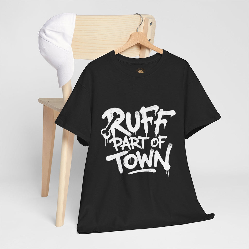 Ruff Part of Town black 100% cotton t-shirt with white graffiti-style print on chest. Relaxed fit, crew neck.