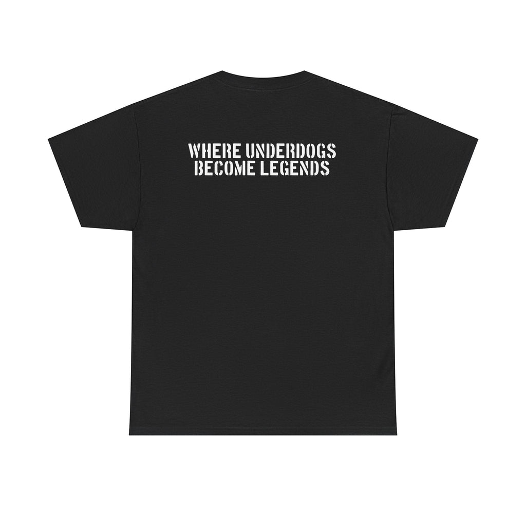Ruff Part of Town black 100% cotton t-shirt with white graffiti-style print on back: "WHERE UNDERDOGS BECOME LEGENDS"
