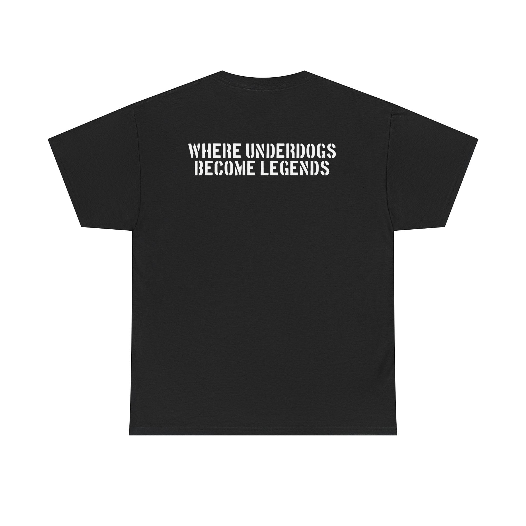 Ruff Part of Town black 100% cotton t-shirt with white graffiti-style print on back: "WHERE UNDERDOGS BECOME LEGENDS"