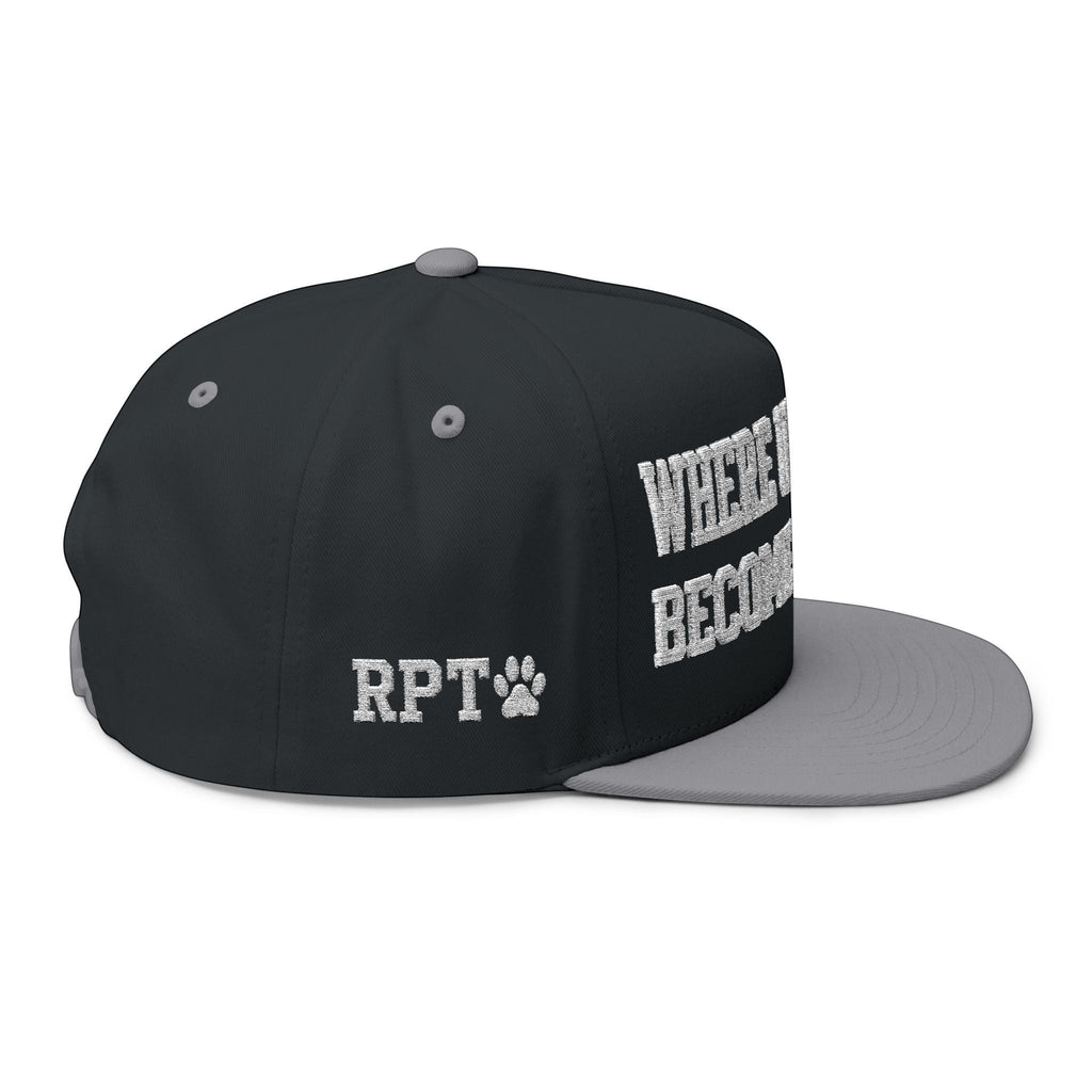 Ruff Part of Town black cotton twill flat bill cap with white "WHERE UNDERDOGS BECOME LEGENDS" embroidery and grey bill.