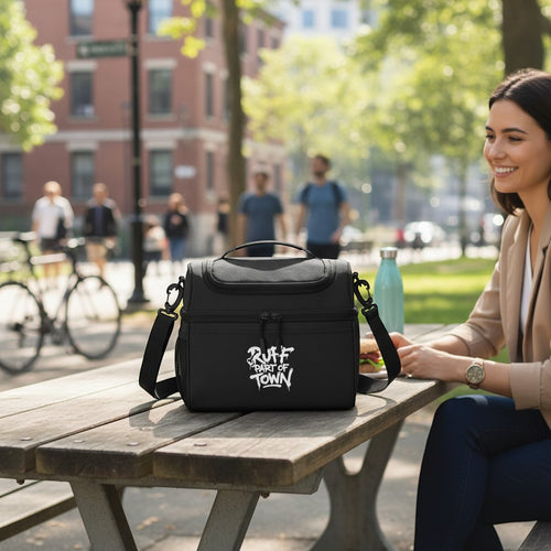 Ruff Part of Town black insulated lunch cooler bag with dual compartments, front slip pocket, and mesh side pocket.