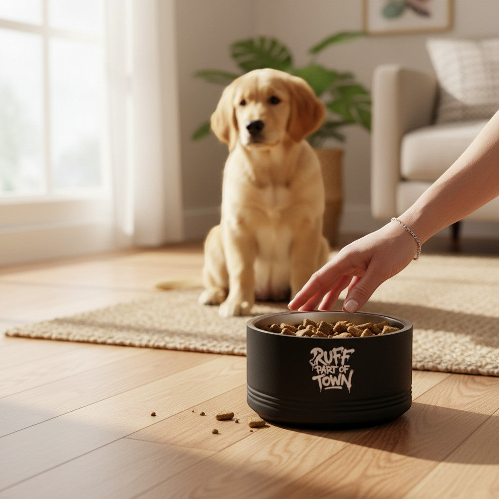 Ruff Part of Town black insulated stainless steel pet bowl filled with kibble, with a golden retriever puppy sitting behind it.