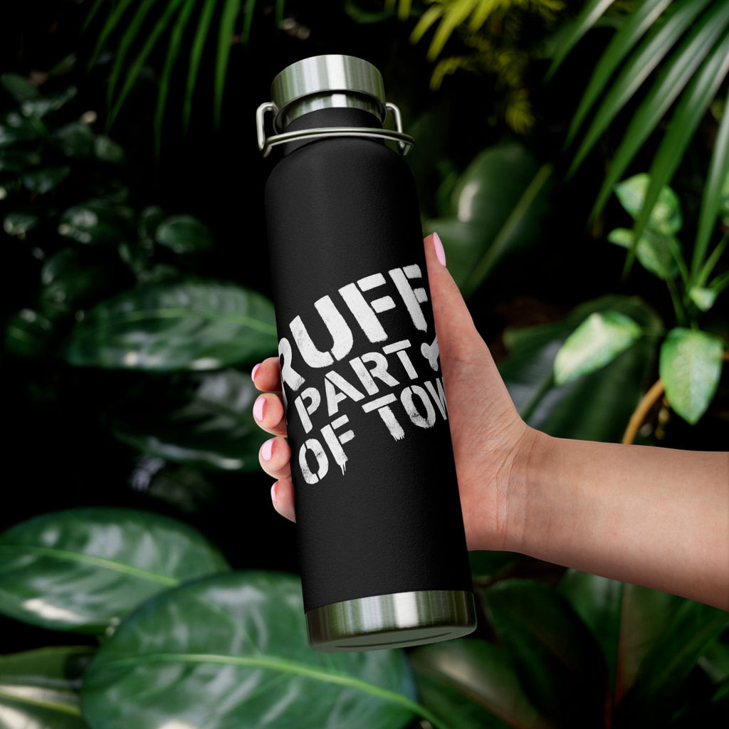 Ruff Part of Town black 22oz insulated stainless steel water bottle with white stencil graphics and silver lid.
