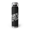 Ruff Part of Town black 22oz insulated stainless steel water bottle with white stencil graphic and silver lid with carry loop.