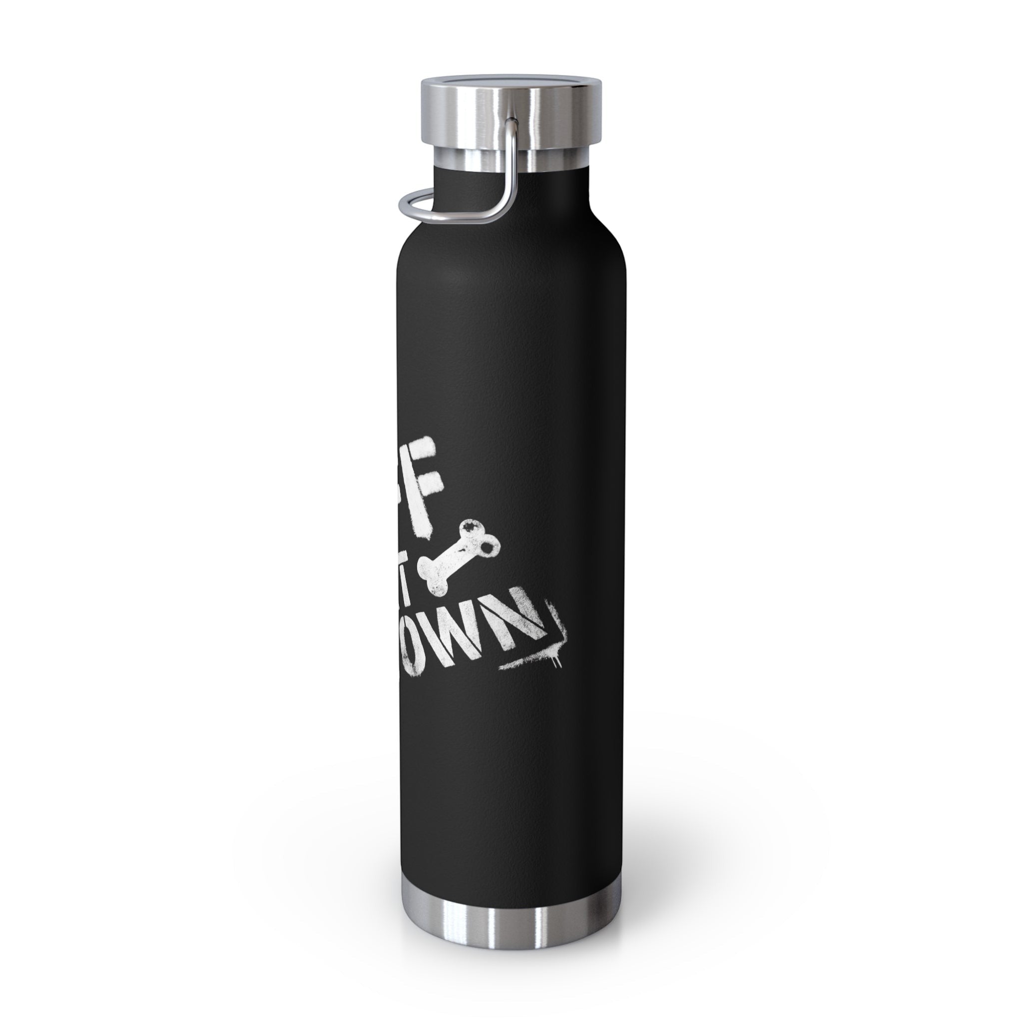 Ruff Part of Town black 22oz insulated stainless steel water bottle with white stencil graphics and a silver lid with a carry loop.