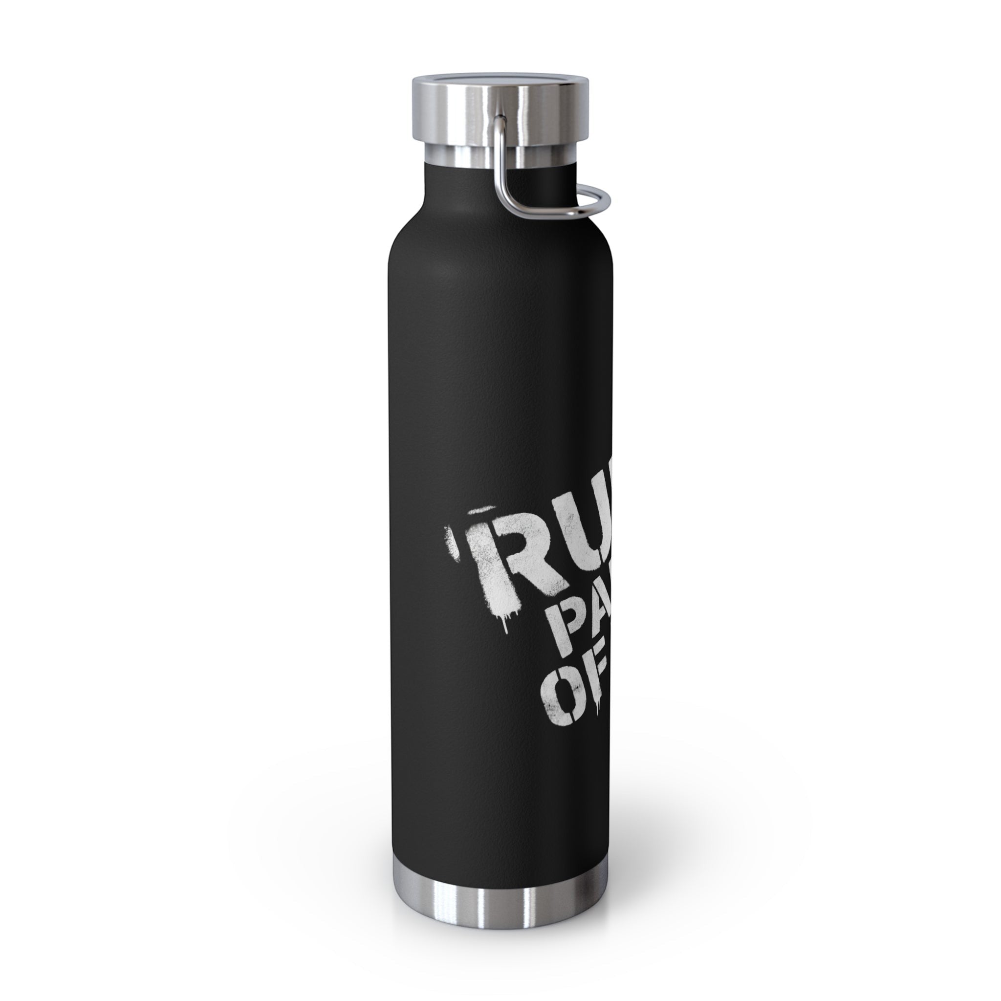 Ruff Part of Town black 22oz insulated stainless steel water bottle with white stencil graphics and silver lid.