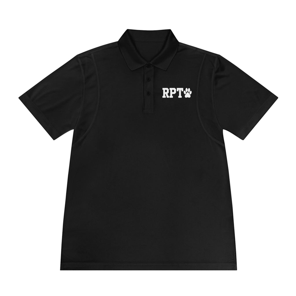 Ruff Part of Town black polyester performance polo shirt with RPT paw logo on chest and slogan on back.