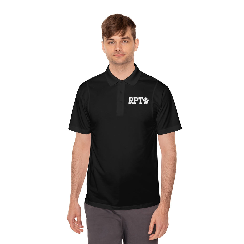Ruff Part of Town black polyester short-sleeve polo shirt with white RPT paw logo on chest and slogan on back.