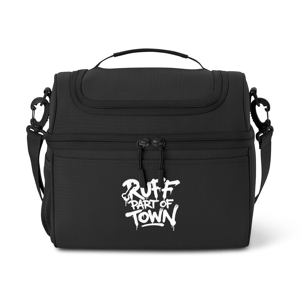 Ruff Part of Town black ripstop polyester insulated lunch cooler bag with dual compartments and graphic logo.