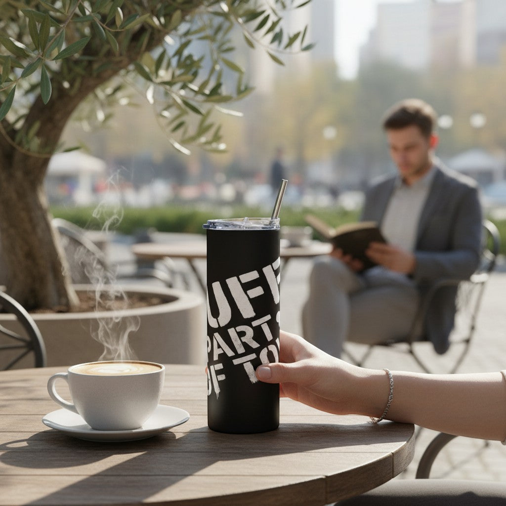 Ruff Part of Town black 20oz stainless steel travel tumbler with white graphic text and metal straw.