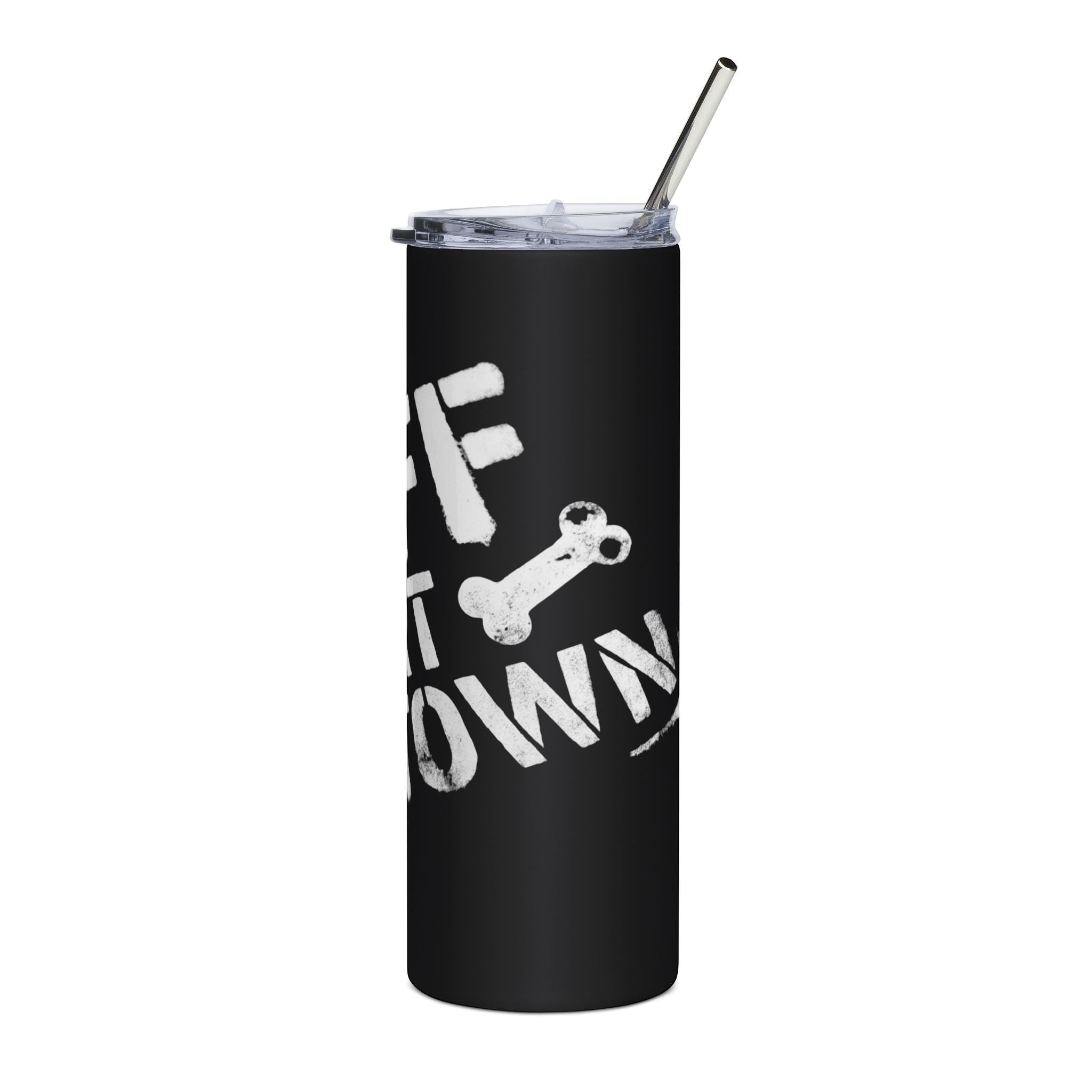 Ruff Part of Town black 20oz stainless steel travel tumbler with graphic print and metal straw.