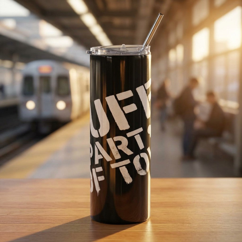 Ruff Part of Town black 20oz stainless steel travel tumbler with white graphic text and clear lid with straw.