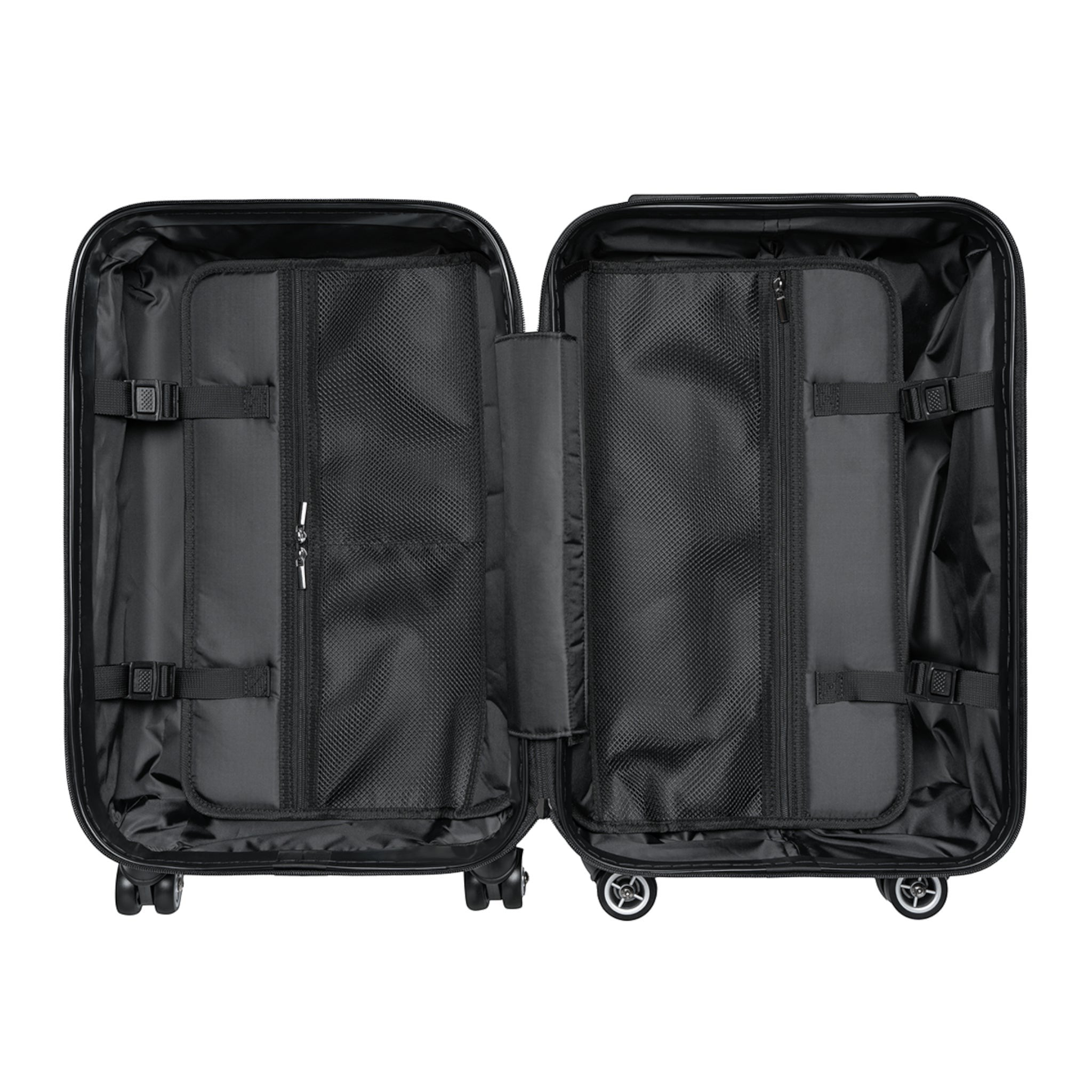 Ruff Part of Town black hard-shell carry-on suitcase interior with mesh pockets and straps.