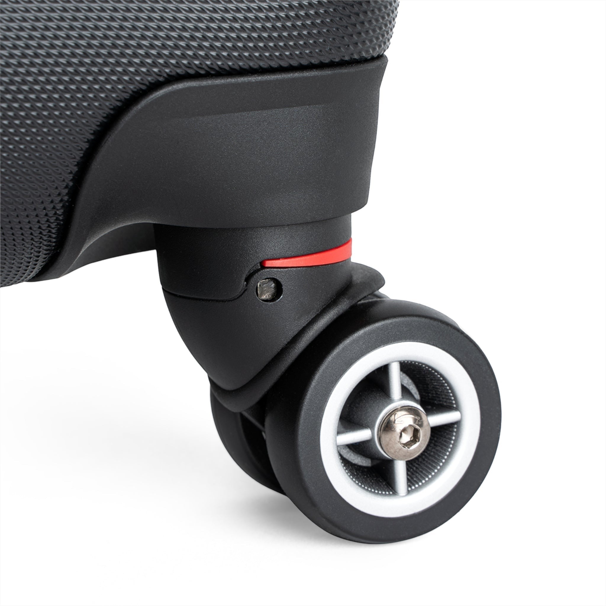 Ruff Part of Town black hard-shell carry-on suitcase wheel with red accent detail and silver hardware.