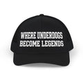 Ruff Part of Town black trucker cap with white embroidered text "WHERE UNDERDOGS BECOME LEGENDS".
