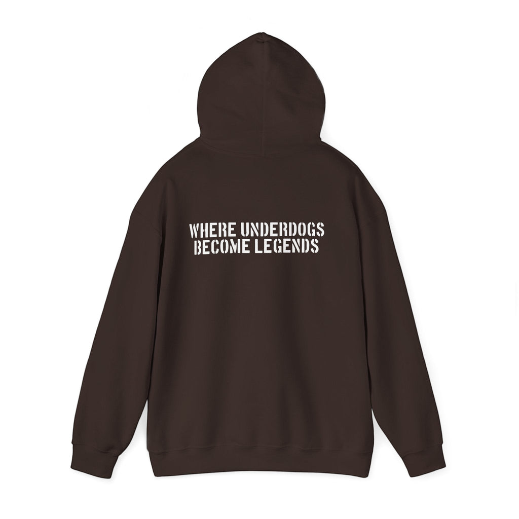 Ruff Part of Town brown 50/50 cotton-poly blend hoodie with white stencil lettering on back: "WHERE UNDERDOGS BECOME LEGENDS"