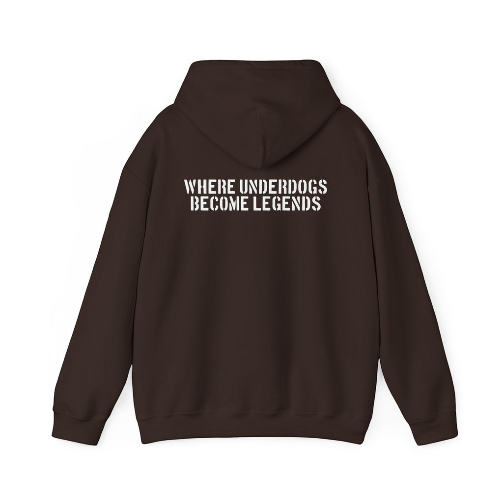 Ruff Part of Town brown 50/50 cotton-poly blend hoodie with "WHERE UNDERDOGS BECOME LEGENDS" printed on back.