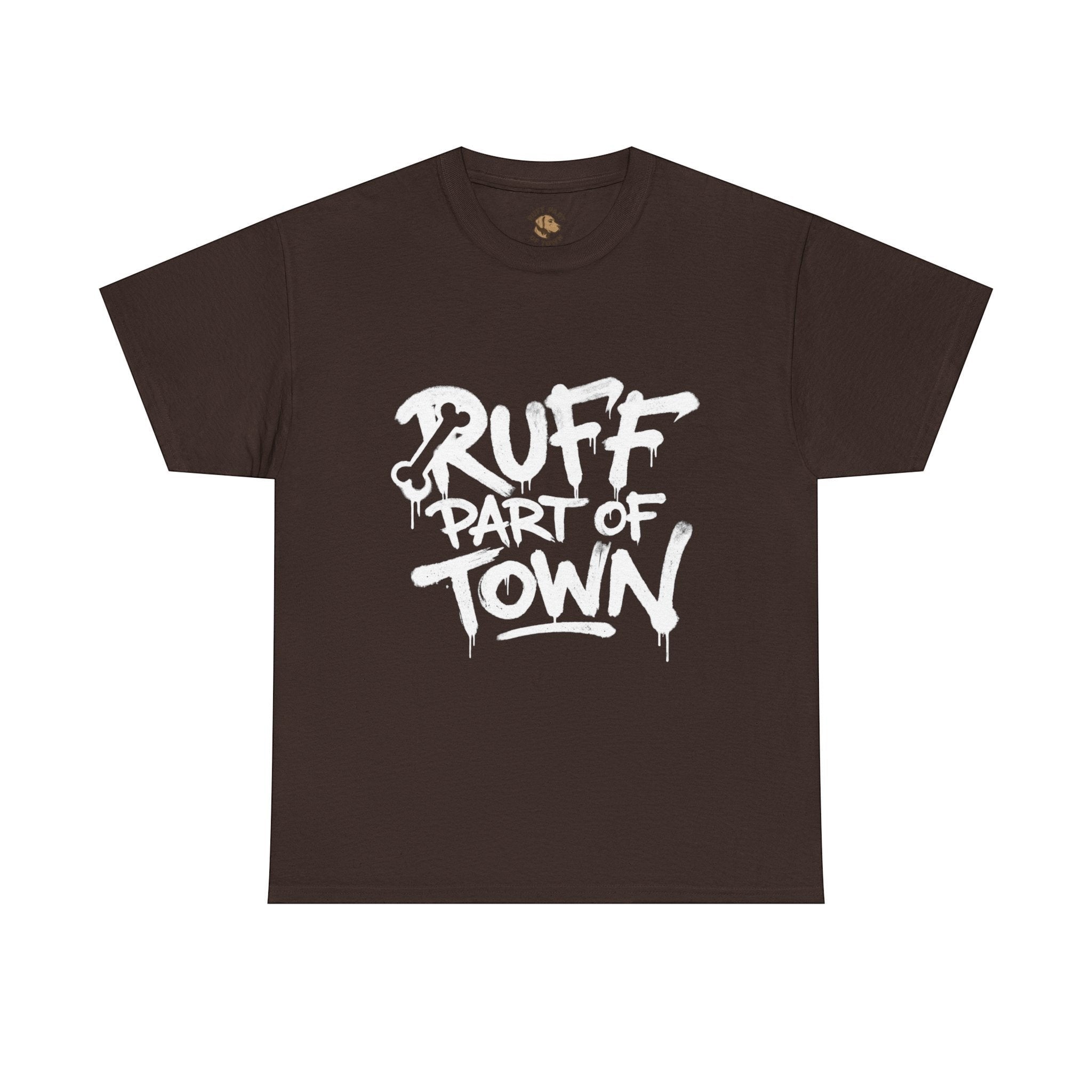 Ruff Part of Town brown 100% cotton t-shirt with white graffiti-style print on chest.