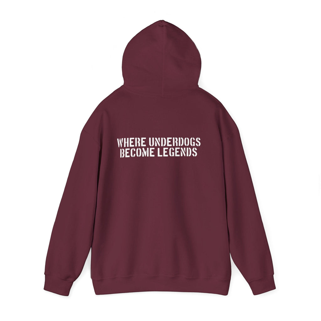 Ruff Part of Town burgundy 50/50 cotton-poly blend hoodie with "WHERE UNDERDOGS BECOME LEGENDS" printed on the back.