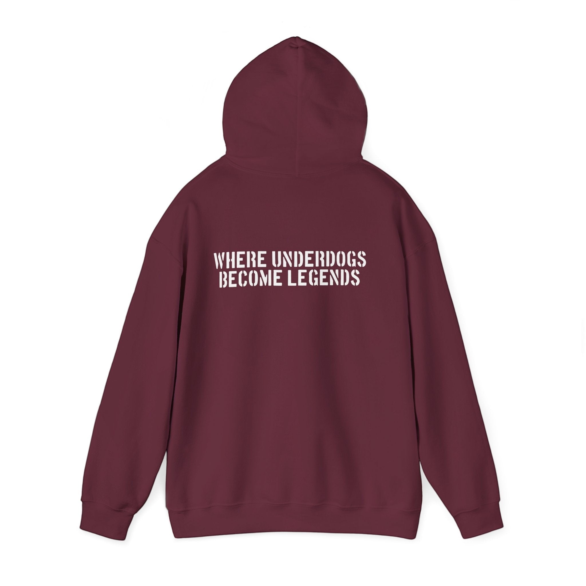 Ruff Part of Town burgundy 50/50 cotton-poly blend hoodie with "WHERE UNDERDOGS BECOME LEGENDS" printed on the back.