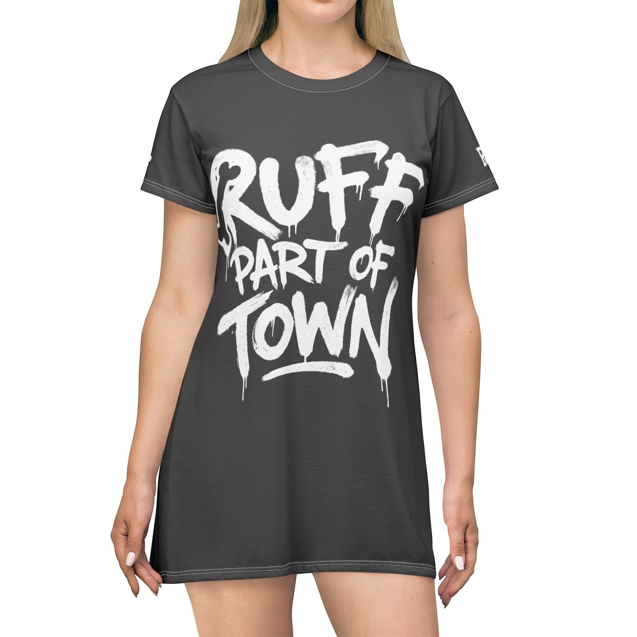 Ruff Part of Town charcoal grey t-shirt dress with white graffiti-style graphic print on front. 100% polyester.